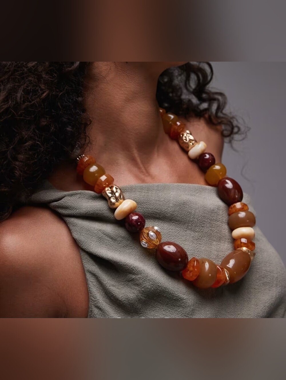 Mango Amber, Cream and Deep Brown Beaded Necklace